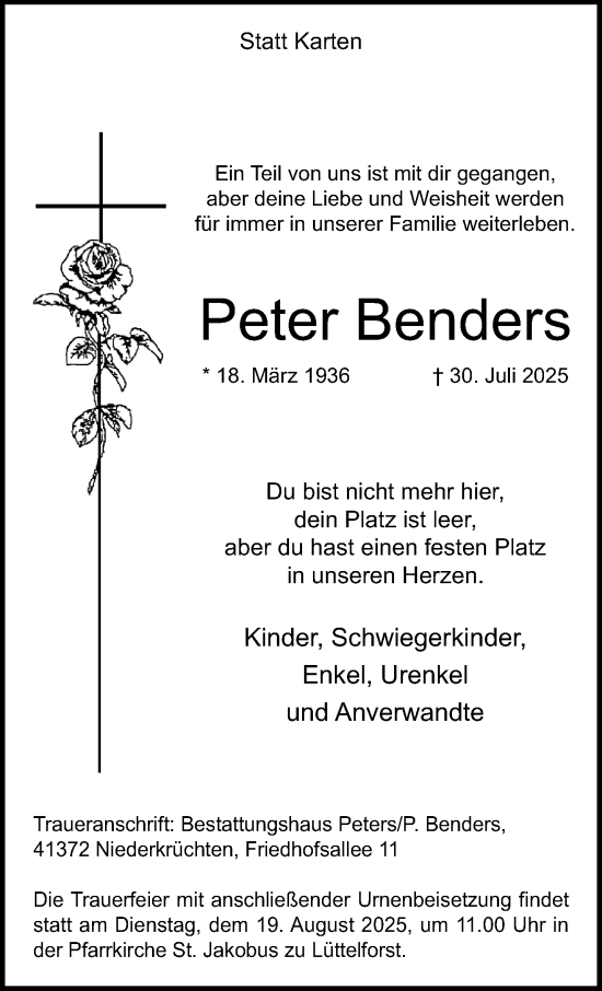 Traueranzeige von Peter Benders von trauer.extra-tipp-moenchengladbach.de