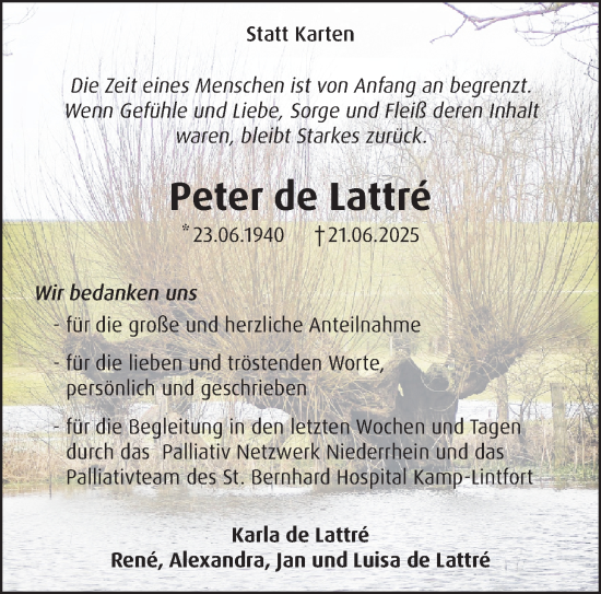 Traueranzeige von Peter de Lattré von trauer.extra-tipp-moenchengladbach.de