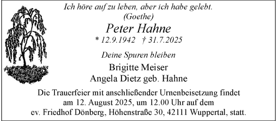 Traueranzeige von Peter Hahne von trauer.wuppertaler-rundschau.de