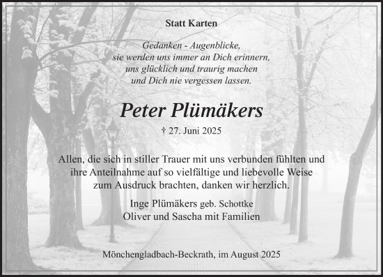 Traueranzeige von Peter Plümäkers von trauer.extra-tipp-moenchengladbach.de