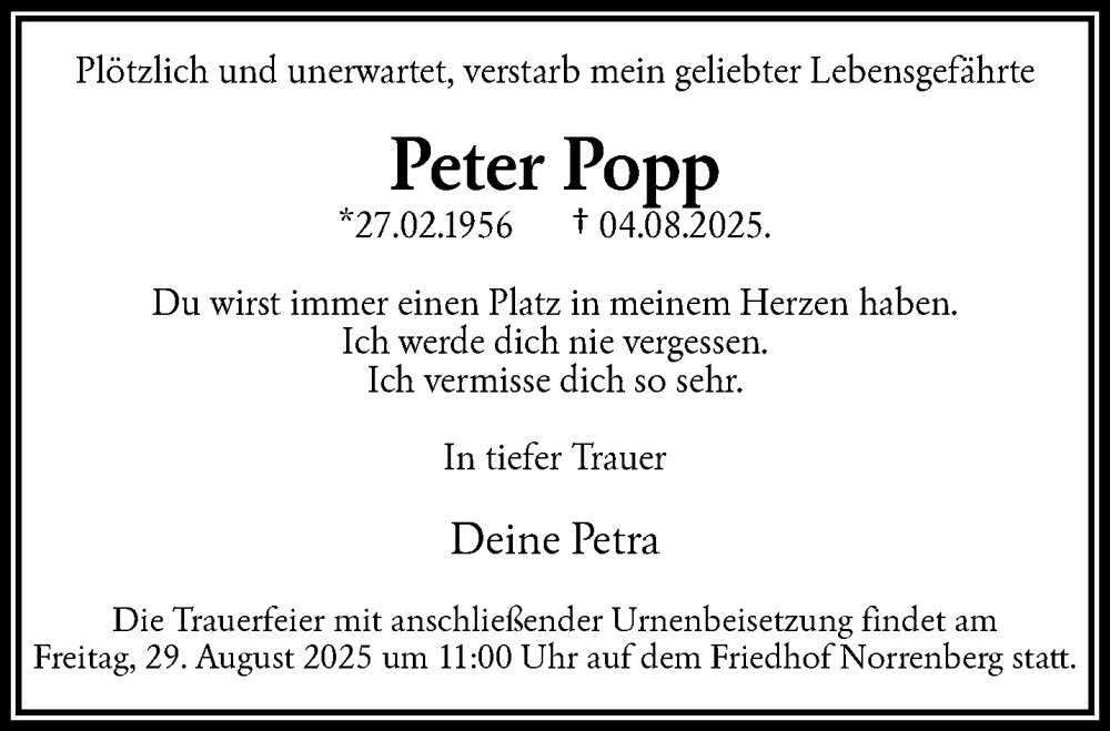  Traueranzeige für Peter Popp vom 23.08.2025 aus trauer.wuppertaler-rundschau.de