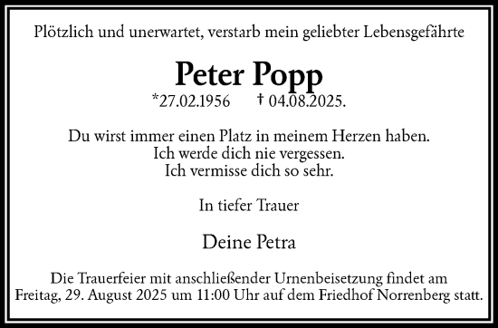 Traueranzeige von Peter Popp von trauer.wuppertaler-rundschau.de