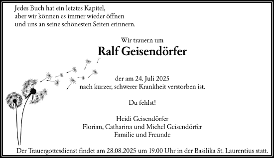 Traueranzeige von Ralf Geisendörfer von trauer.wuppertaler-rundschau.de