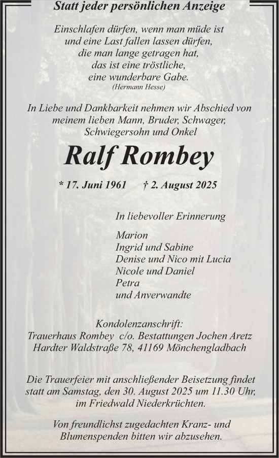 Traueranzeige von Ralf Rombey von trauer.extra-tipp-moenchengladbach.de