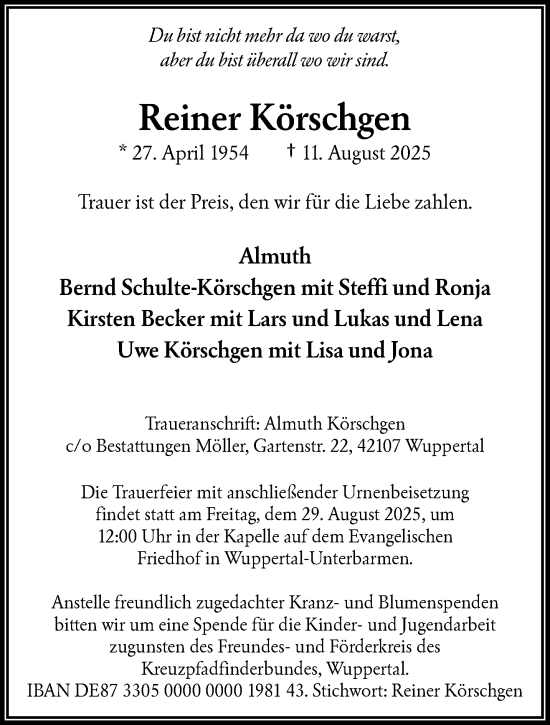 Traueranzeige von Reiner Körschgen von trauer.wuppertaler-rundschau.de