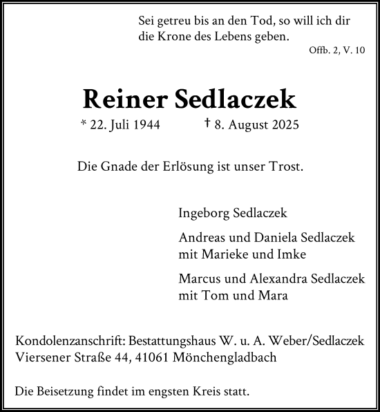Traueranzeige von Reiner Sedlaczek von trauer.extra-tipp-moenchengladbach.de