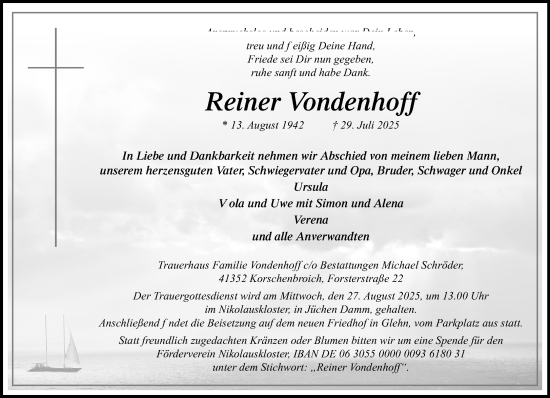 Traueranzeige von Reiner Vondenhoff von trauer.extra-tipp-moenchengladbach.de