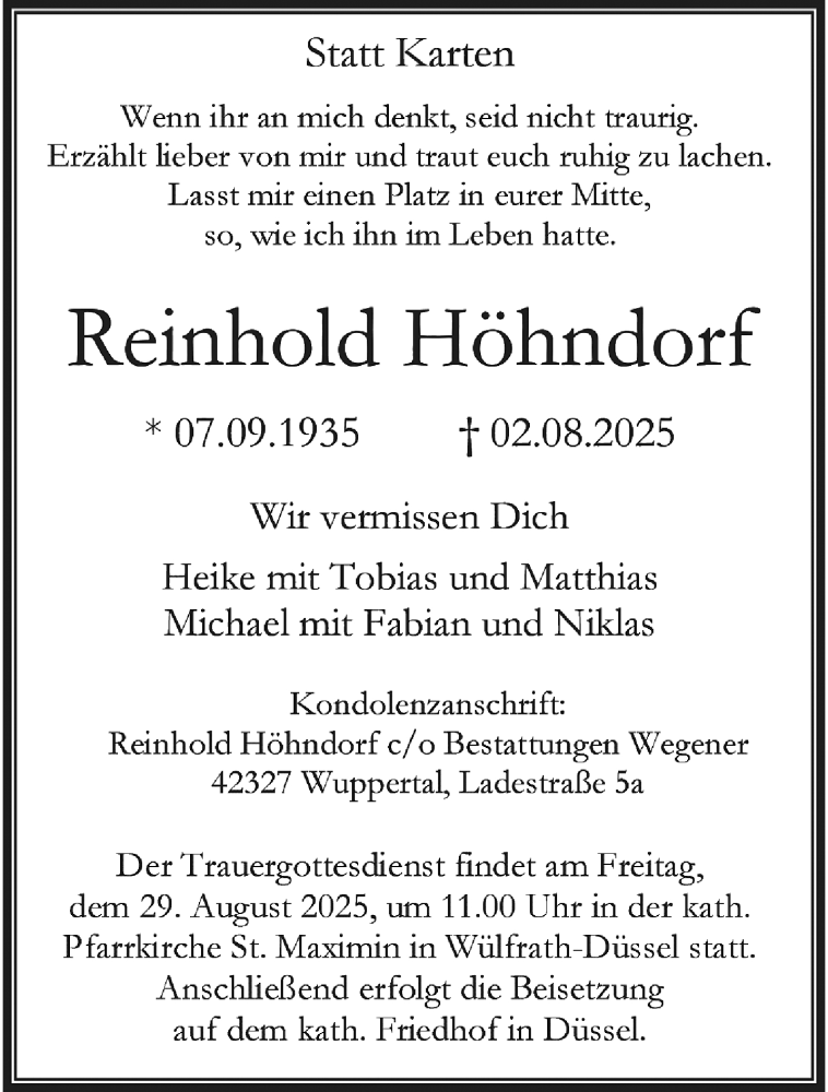  Traueranzeige für Reinhold Höhndorf vom 16.08.2025 aus trauer.wuppertaler-rundschau.de
