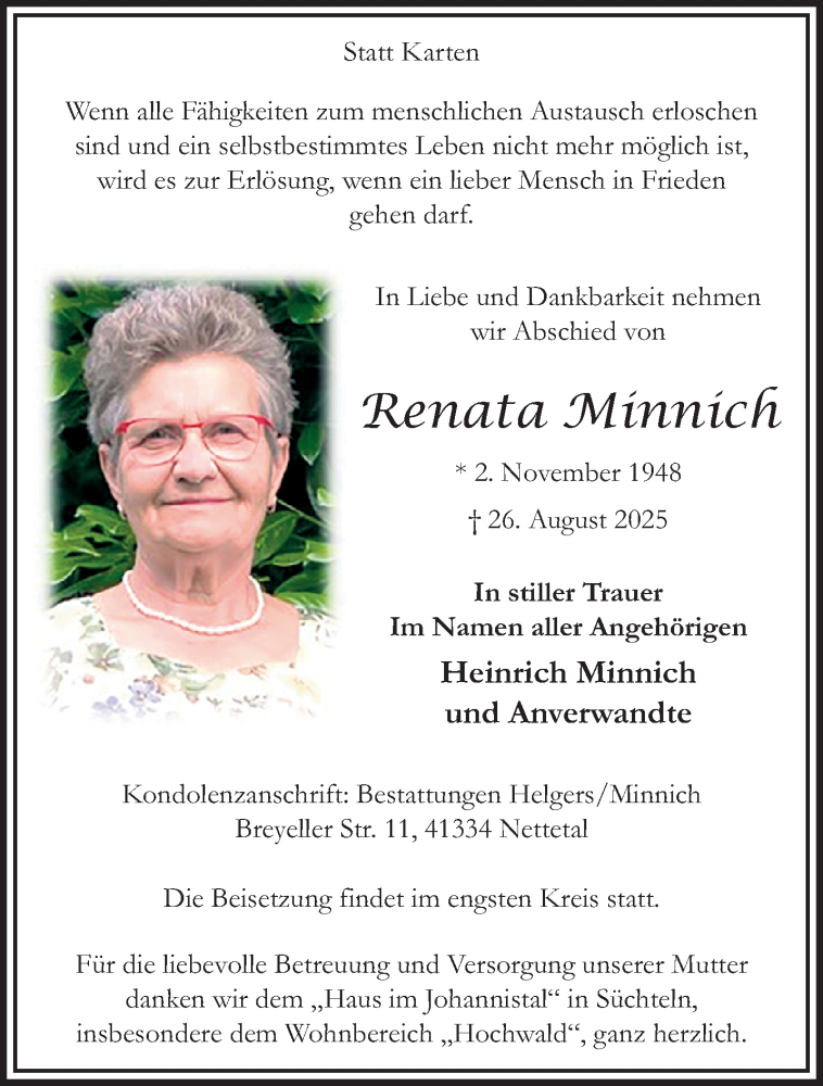  Traueranzeige für Renata Minnich vom 31.08.2025 aus trauer.extra-tipp-moenchengladbach.de