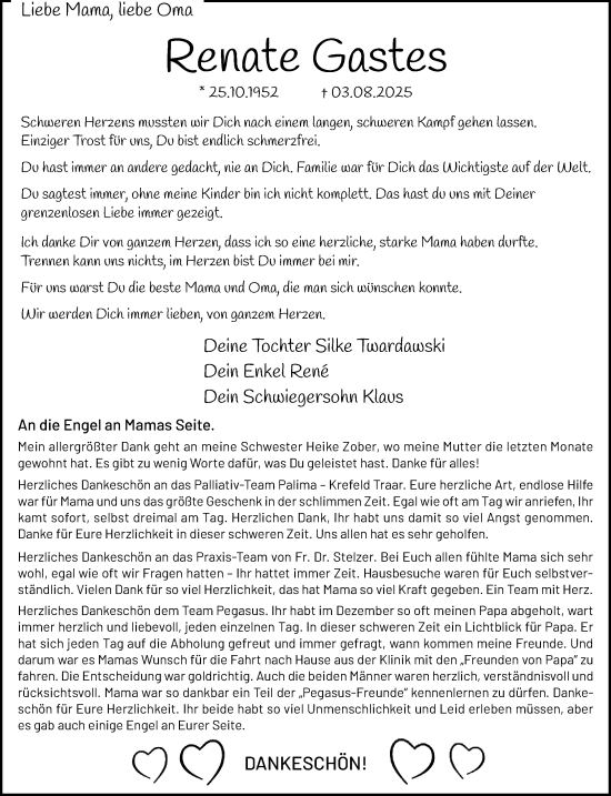 Traueranzeige von Renate Gastes von trauer.extra-tipp-moenchengladbach.de