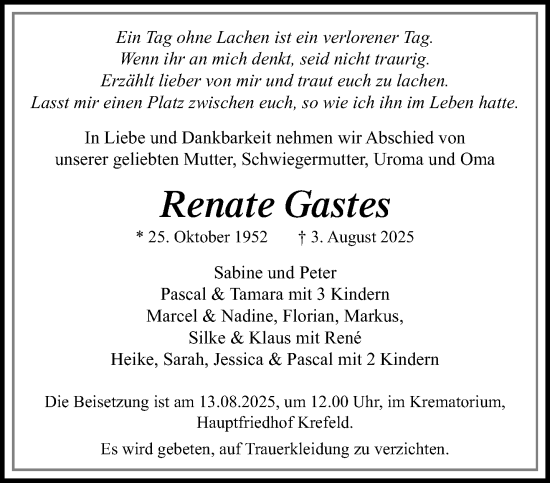 Traueranzeige von Renate Gastes von trauer.extra-tipp-moenchengladbach.de