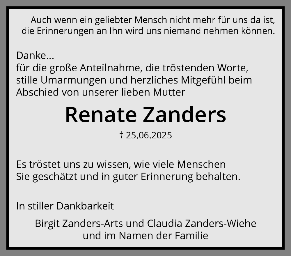  Traueranzeige für Renate Zanders vom 17.08.2025 aus trauer.extra-tipp-moenchengladbach.de
