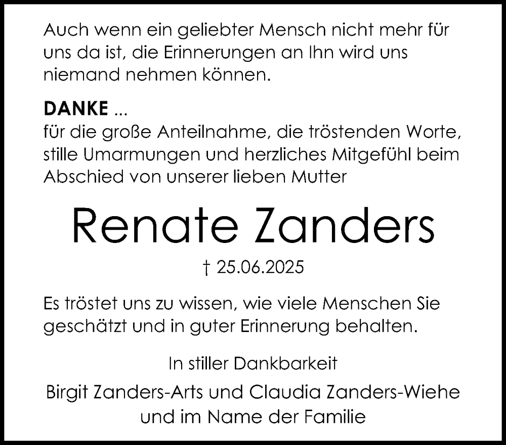  Traueranzeige für Renate Zanders vom 10.08.2025 aus trauer.extra-tipp-moenchengladbach.de