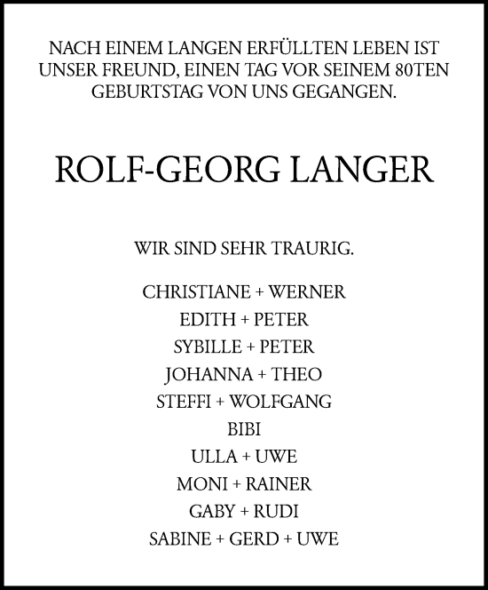 Traueranzeige von Rolf-Georg Langer von trauer.wuppertaler-rundschau.de