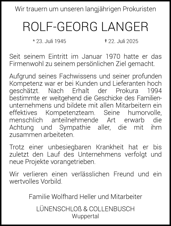 Traueranzeige von Rolf-Georg Langer von trauer.wuppertaler-rundschau.de