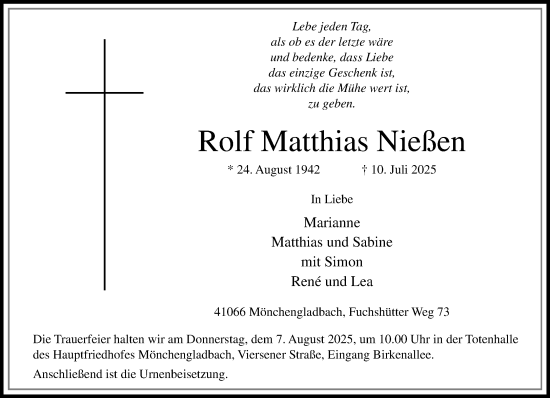 Traueranzeige von Rolf  Nießen von trauer.extra-tipp-moenchengladbach.de