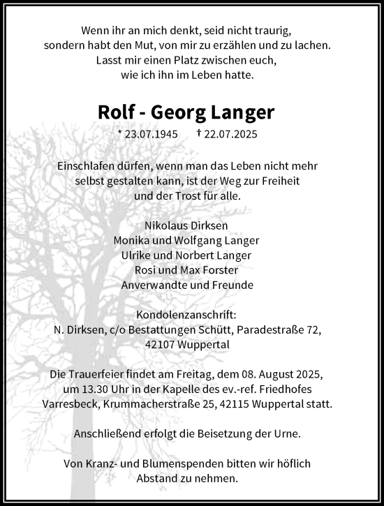 Traueranzeige von Rolf Georg Langer von trauer.wuppertaler-rundschau.de