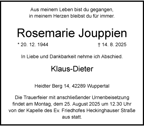 Traueranzeige von Rosemarie Jouppien von trauer.wuppertaler-rundschau.de