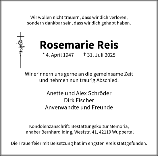 Traueranzeige von Rosemarie Reis von trauer.wuppertaler-rundschau.de
