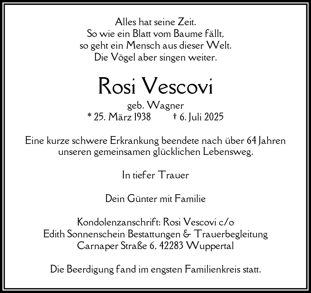  Traueranzeige für Rosi Vescovi vom 02.08.2025 aus trauer.wuppertaler-rundschau.de