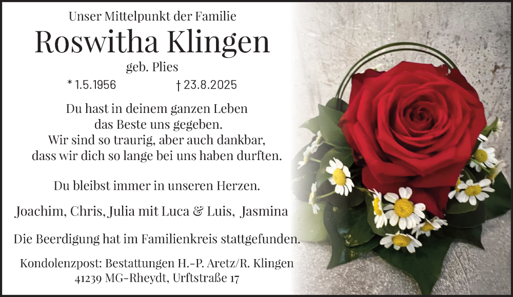  Traueranzeige für Roswitha Klingen vom 31.08.2025 aus trauer.extra-tipp-moenchengladbach.de