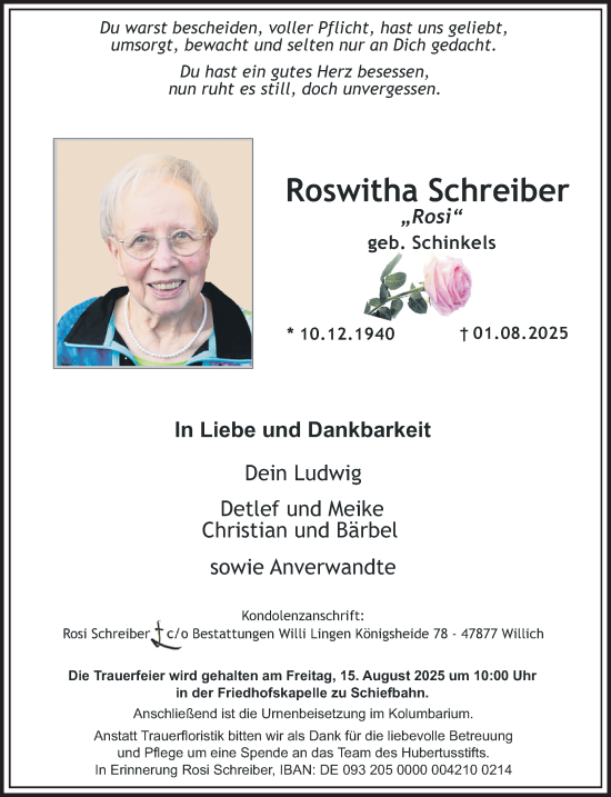 Traueranzeige von Roswitha Schreiber von trauer.extra-tipp-moenchengladbach.de