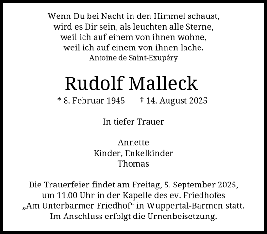 Traueranzeige von Rudolf Malleck von trauer.wuppertaler-rundschau.de