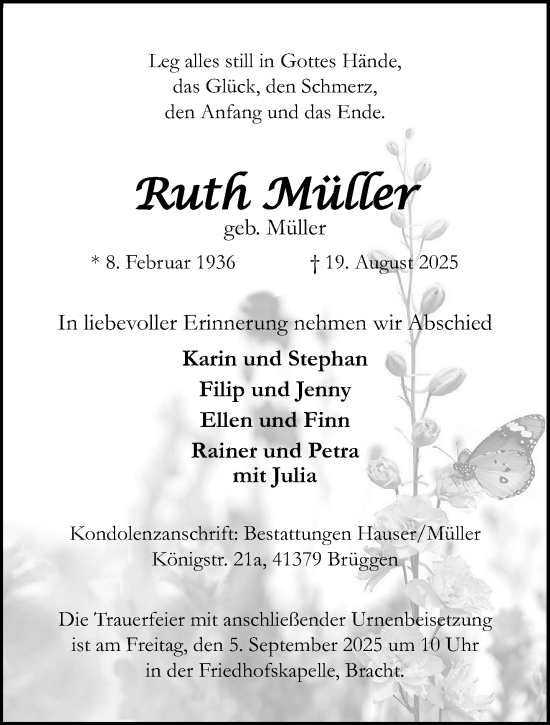 Traueranzeige von Ruth Müller von trauer.extra-tipp-moenchengladbach.de