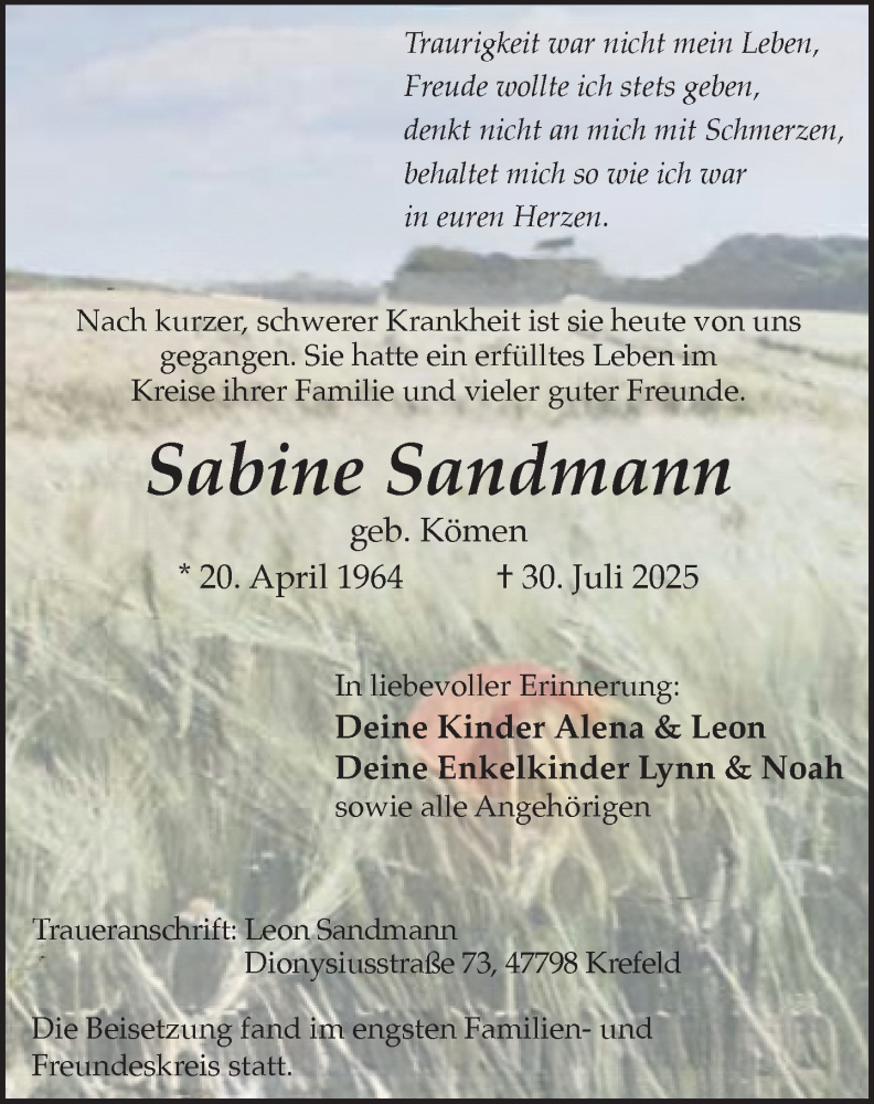  Traueranzeige für Sabine Sandmann vom 10.08.2025 aus trauer.extra-tipp-moenchengladbach.de