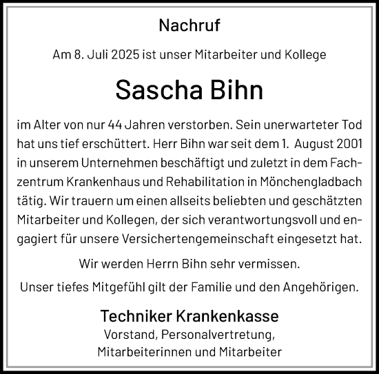 Traueranzeige von Sascha Bihn von trauer.extra-tipp-moenchengladbach.de