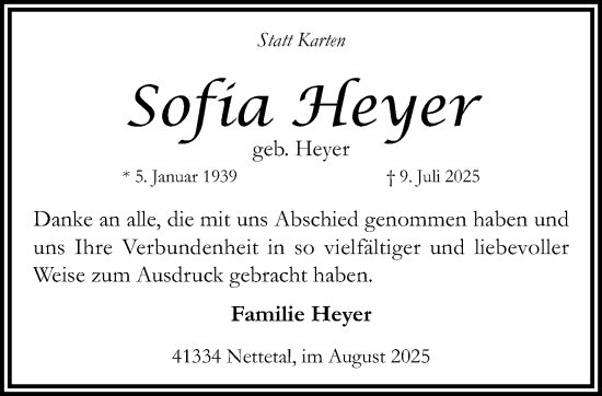 Traueranzeige von Sofia Heyer von trauer.extra-tipp-moenchengladbach.de