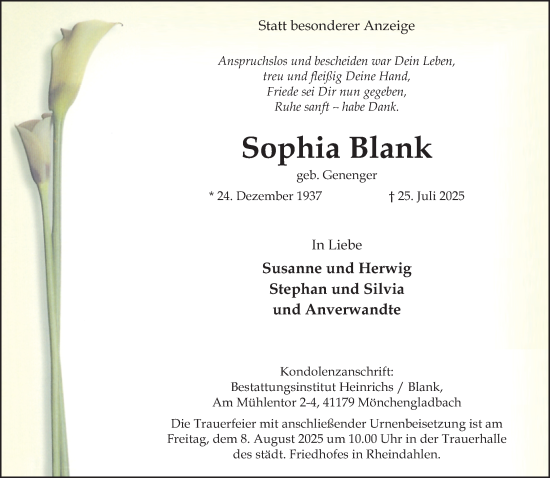 Traueranzeige von Sophia Blank von trauer.extra-tipp-moenchengladbach.de