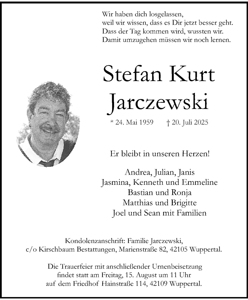 Traueranzeige für Stefan Kurt Jarczewski vom 09.08.2025 aus trauer.wuppertaler-rundschau.de