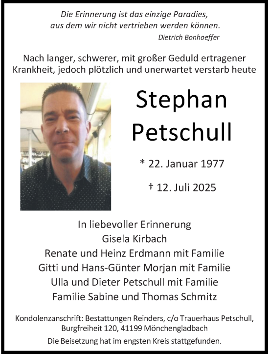 Traueranzeige von Stephan Petschull von trauer.extra-tipp-moenchengladbach.de