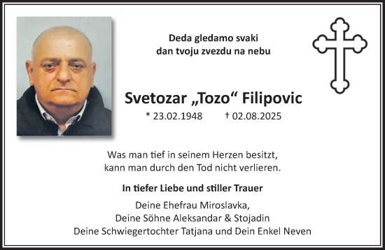 Traueranzeige von Svetozar Filipovic von trauer.extra-tipp-moenchengladbach.de