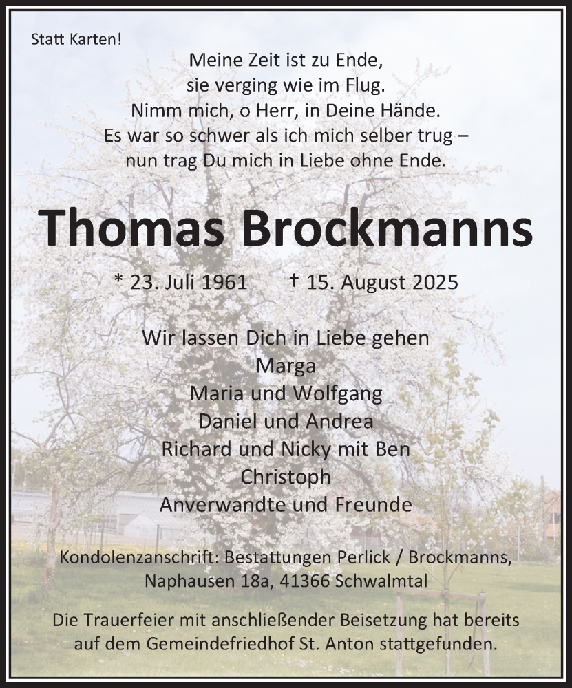  Traueranzeige für Thomas Brockmanns vom 24.08.2025 aus trauer.extra-tipp-moenchengladbach.de