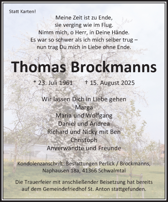 Traueranzeige von Thomas Brockmanns von trauer.extra-tipp-moenchengladbach.de