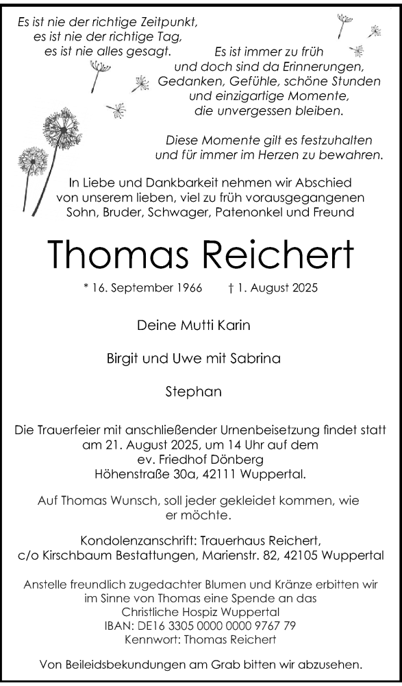  Traueranzeige für Thomas Reichert vom 16.08.2025 aus trauer.wuppertaler-rundschau.de