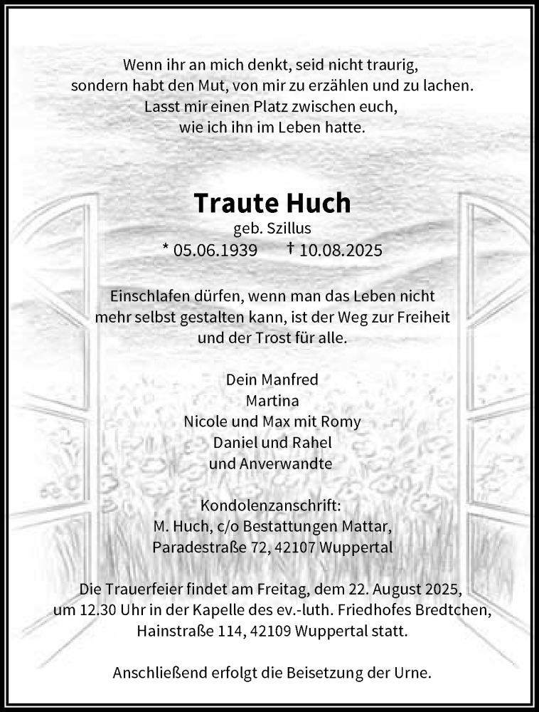  Traueranzeige für Traute Huch vom 16.08.2025 aus trauer.wuppertaler-rundschau.de