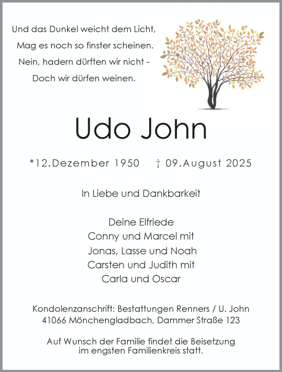 Traueranzeige von Udo John von trauer.extra-tipp-moenchengladbach.de