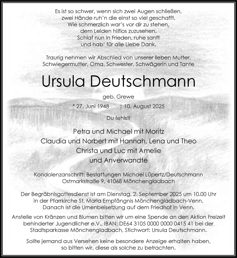  Traueranzeige für Ursula Deutschmann vom 17.08.2025 aus trauer.extra-tipp-moenchengladbach.de