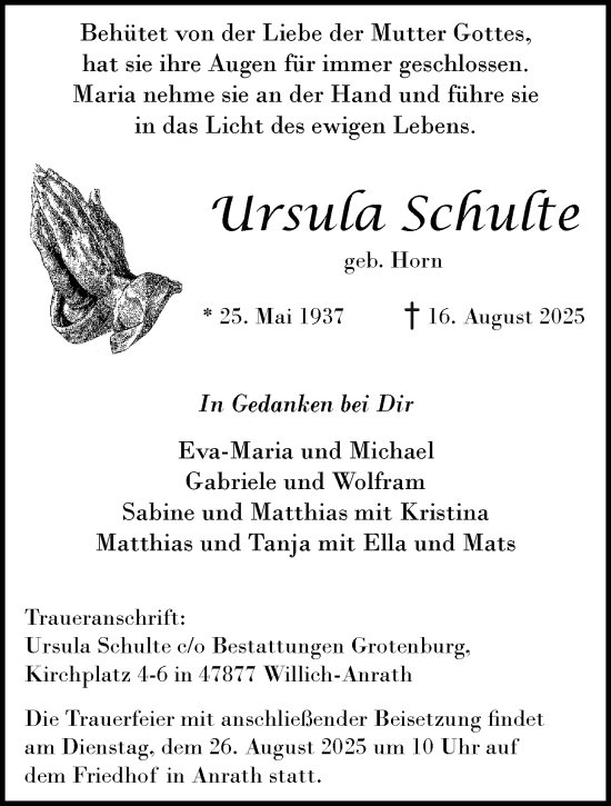 Traueranzeige von Ursula Schulte von trauer.extra-tipp-moenchengladbach.de
