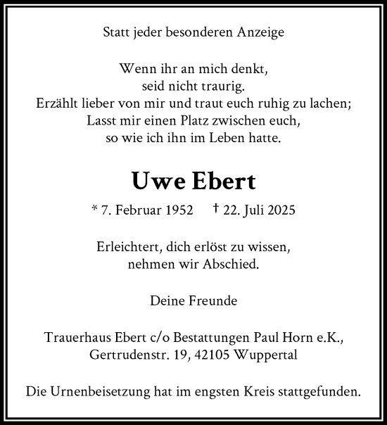 Traueranzeige von Uwe Ebert von trauer.wuppertaler-rundschau.de