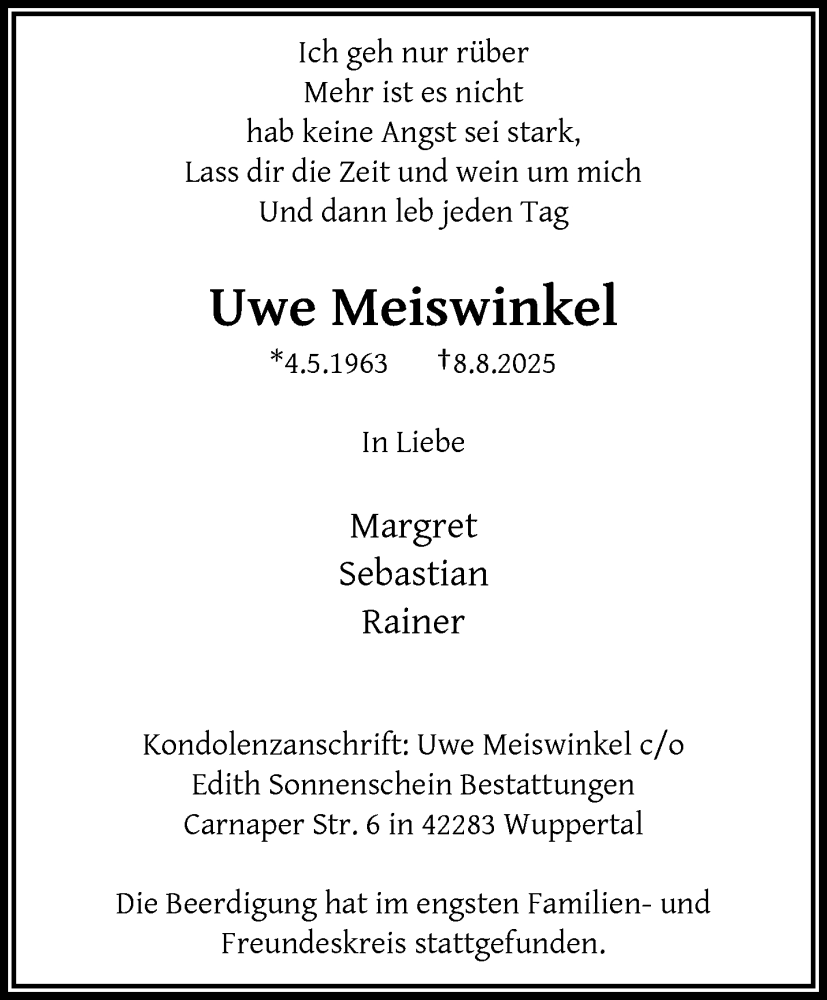  Traueranzeige für Uwe Meiswinkel vom 23.08.2025 aus trauer.wuppertaler-rundschau.de