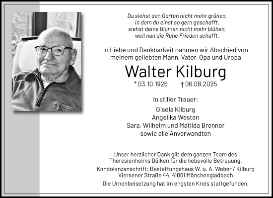 Traueranzeige von Walter Kilburg von trauer.extra-tipp-moenchengladbach.de