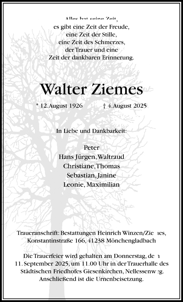  Traueranzeige für Walter Ziemes vom 31.08.2025 aus trauer.extra-tipp-moenchengladbach.de
