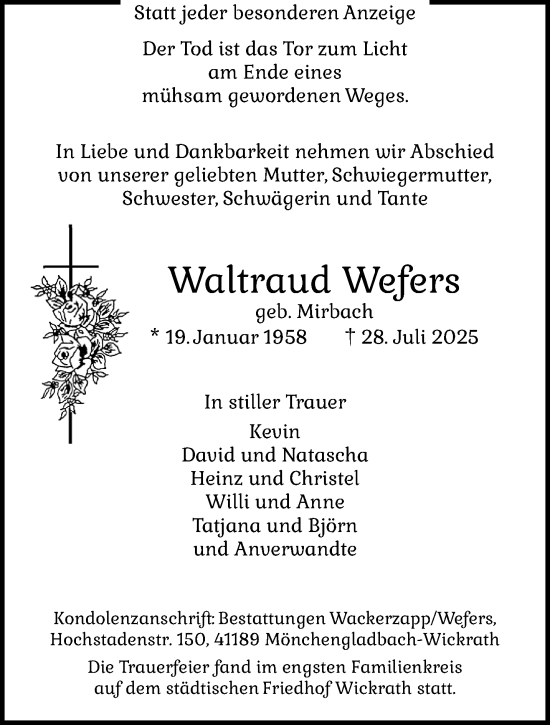 Traueranzeige von Waltraud Wefers von trauer.extra-tipp-moenchengladbach.de