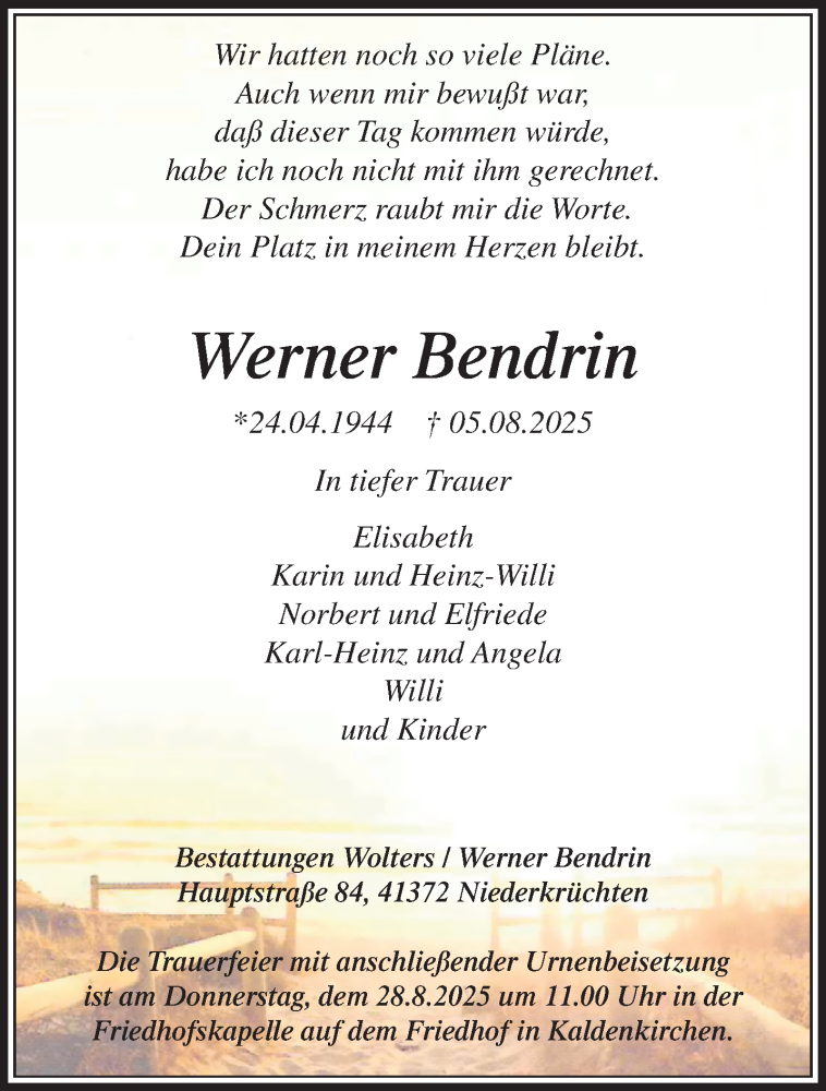  Traueranzeige für Werner Bendrin vom 24.08.2025 aus trauer.extra-tipp-moenchengladbach.de