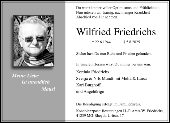 Traueranzeige von Wilfried Friedrichs von trauer.extra-tipp-moenchengladbach.de
