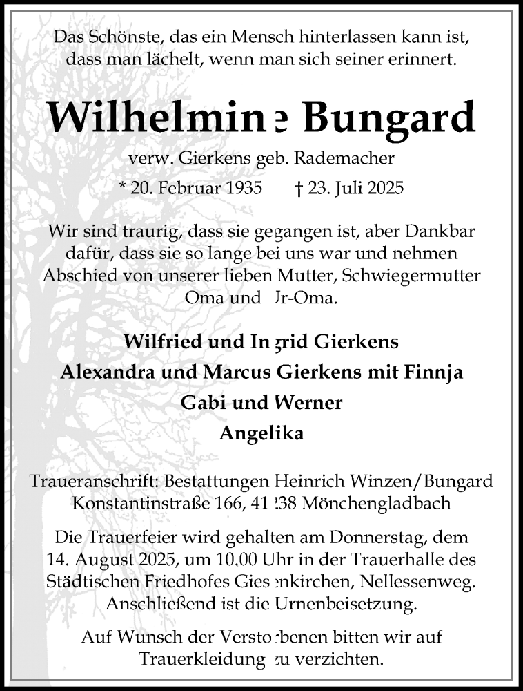  Traueranzeige für Wilhelmine Bungard vom 10.08.2025 aus trauer.extra-tipp-moenchengladbach.de